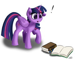 Size: 1300x1000 | Tagged: safe, artist:sadtrooper, derpibooru import, twilight sparkle, twilight sparkle (alicorn), alicorn, pony, book, exclamation point, simple background, solo, that pony sure does love books, white background