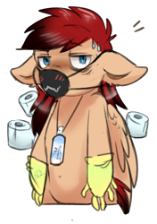 Size: 1799x2557 | Tagged: safe, artist:tokokami, oc, oc:alex bash, coronavirus, covid-19, disinfectant spray, gloves, mask, mouth mask, n95, patreon, patreon reward, ppe, rubber gloves, simple background, sweat, toilet paper, transparent background