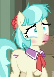 Size: 509x728 | Tagged: safe, screencap, coco pommel, earth pony, the saddle row review, cocobetes, cropped, crying, cute, messy mane, sick, tears of pain