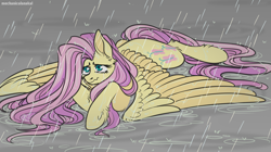 Size: 2100x1180 | Tagged: safe, artist:mechanicalanakal, derpibooru import, fluttershy, pegasus, pony, crying, female, hoof fluff, mare, prone, rain, sad, solo, spread wings, teary eyes, three quarter view, unshorn fetlocks, wavy mouth, wet mane, wings