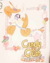 Size: 1080x1350 | Tagged: safe, artist:eli.moon.378, pony, unicorn, candy, candy crush, cutie mark, food, lipstick, solo, starry eyes, text, traditional art, wingding eyes