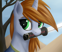 Size: 1280x1080 | Tagged: safe, artist:sanroys, oc, oc only, oc:littlepip, pony, unicorn, fallout equestria, bust, clothes, fanfic, fanfic art, female, horn, katana, lineless, mare, mouth hold, portrait, solo, sword, tree, vault suit, weapon