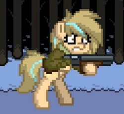 Size: 1280x1171 | Tagged: safe, artist:grithcourage, artist:rezatim, oc, oc:grith courage, earth pony, pony, angry, gun, jaket, pixel art, pony town, shotgun, stand, undertale, weapon