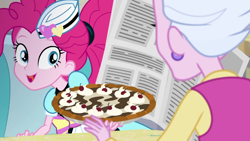 Size: 1920x1080 | Tagged: safe, screencap, pinkie pie, sour persimmon, equestria girls, five stars, spoiler:eqg series (season 2), cute, diapinkes, ear piercing, earring, female, food, happy, jewelry, newspaper, pie, piercing, server pinkie pie, smiling, sweet snacks cafe, tongue out, waitress