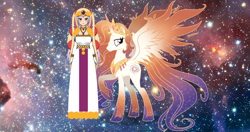 Size: 1366x721 | Tagged: safe, artist:roseprincessmitia, oc, oc:queen galaxia, alicorn, human, alicorn oc, galaxy, horn, kisekae, stars, wings