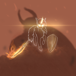 Size: 2000x2000 | Tagged: safe, artist:justshyr, lord tirek, oc, oc only, pony, unicorn, duo, female, flaming sword, glowing eyes, glowing horn, high res, horn, magic, mare, shield, sword, telekinesis, weapon