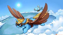 Size: 3117x1757 | Tagged: safe, artist:pridark, oc, oc only, oc:skydreams, pony, unicorn, cloud, commission, fake wings, flying, goggles, patreon, patreon logo, sky, solo