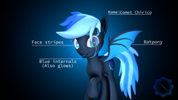 Size: 3840x2160 | Tagged: safe, artist:technickarts, oc, oc:comet chirico, bat pony, hybrid, 3d, bat pony oc, bat wings, blue background, blue insides, cute, simple background, slit eyes, source filmmaker, volumetric light, watermark, weapons-grade cute, wings