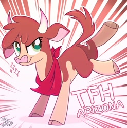 Size: 1280x1293 | Tagged: safe, artist:syriskater, arizona cow, cow, them's fightin' herds, bandana, cloven hooves, community related, female, kicking, rearing, solo