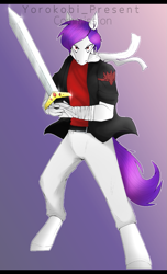 Size: 609x1000 | Tagged: safe, artist:chao-xing, oc, oc only, anthro, earth pony, pony, unguligrade anthro, commission, gradient background, looking at you, male, simple background, solo, stallion, sword, weapon