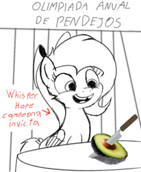 Size: 758x918 | Tagged: safe, artist:rsa.fim, oc, oc only, oc:whisper hope, pegasus, avocado, broken teeth, competition, female, food, mare, ribbon, sketch, spanish, stupidity, table, tail wrap