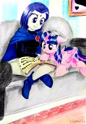 Size: 2322x3340 | Tagged: safe, artist:liaaqila, derpibooru import, twilight sparkle, twilight sparkle (alicorn), alicorn, pony, book, boots, cloak, clothes, commission, cute, female, mare, raven (teen titans), reading, shoes, sofa, tara strong, teen titans, twiabetes, voice actor joke