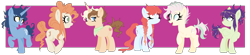 Size: 1934x423 | Tagged: safe, artist:lynxxit, oc, oc only, oc:cinnamon twist, oc:flitter flash, oc:nothern nova, oc:peachy pie, oc:pyre, oc:rain ropes, dracony, earth pony, hybrid, pegasus, unicorn, bandana, earth pony oc, female, horn, interspecies offspring, jewelry, mare, next generation, no pupils, offspring, parent:applejack, parent:big macintosh, parent:caramel, parent:cheese sandwich, parent:flash sentry, parent:fluttershy, parent:pinkie pie, parent:rainbow dash, parent:rarity, parent:soarin', parent:spike, parent:twilight sparkle, parents:carajack, parents:cheesepie, parents:flashlight, parents:fluttermac, parents:soarindash, parents:sparity, pegasus oc, unicorn oc, wings