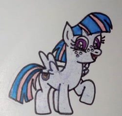 Size: 474x451 | Tagged: safe, artist:agirlwholovesmlp, wind sprint, pegasus, pony, cute, female, filly, foal, looking at you, one hoof raised, open mouth, simple background, smiling, smiling at you, sprintabetes, traditional art, white background