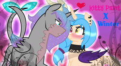 Size: 1552x846 | Tagged: safe, artist:kittypaint08, artist:kittypaintyt, oc, oc:kittypaint, oc:winter, alicorn, bat pony, bat pony alicorn, bat wings, blushing, horn, oc x oc, shipping, wings