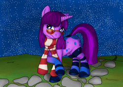 Size: 3507x2480 | Tagged: safe, artist:mcsplosion, oc, oc only, unicorn, clothes, female, night, scarf, socks, solo, striped socks