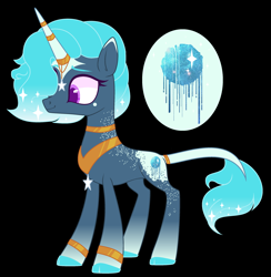 Size: 2696x2760 | Tagged: safe, artist:jackie-sheepwitch, oc, oc only, pony, unicorn, base used, black background, ethereal mane, hoof polish, horn, horn ring, leonine tail, magical lesbian spawn, next generation, offspring, parent:princess luna, parent:trixie, parents:luxie, peytral, reference sheet, simple background, solo, starry mane, unicorn oc