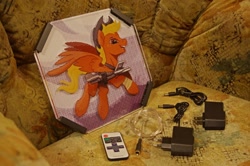 Size: 1600x1060 | Tagged: safe, artist:nancy-05, artist:vasgotec, oc, oc:calamity, pegasus, fallout equestria, acrylic plastic, acrylight, battle saddle, craft, engraving, foe, led, nightlight, printlight