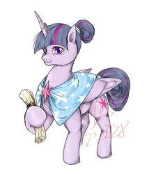 Size: 1077x1200 | Tagged: safe, artist:thurder2020, derpibooru import, twilight sparkle, twilight sparkle (alicorn), alicorn, pony, alternate hairstyle, cape, clothes, female, hair bun, hoof hold, mare, older, older twilight, scroll, simple background, smiling, solo, white background