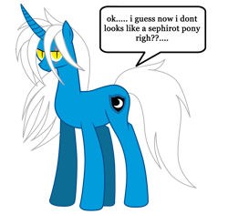 Size: 989x928 | Tagged: safe, artist:somashield, oc, oc only, oc:soma, pony, unicorn, cutie mark, digital art, eye scar, horn, looking at you, male, scar, solo, speech bubble, stallion, tail, text