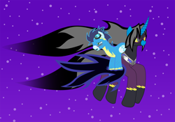 Size: 1200x840 | Tagged: safe, artist:somashield, soarin', oc, oc:soma, pegasus, pony, unicorn, digital art, flying, goggles, horn, male, night, shadowbolts, shadowbolts (nightmare moon's minions), stallion, stars, wings, wonderbolts