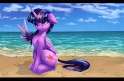 Size: 4096x2703 | Tagged: safe, artist:artsgalinn, artist:galinn-arts, derpibooru import, twilight sparkle, twilight sparkle (alicorn), alicorn, pony, beach, female, floppy ears, high res, looking at you, mare, peace sign, scenery, sitting, solo, water, wing hands, wings