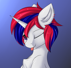 Size: 3067x2929 | Tagged: safe, artist:snowstormbat, oc, oc:retalia ion, unicorn, bust, chest fluff, female, gradient background, looking at you, mare, portrait, solo, tongue out