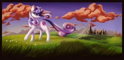 Size: 4096x1982 | Tagged: safe, artist:artsgalinn, artist:galinn-arts, sweetie belle, pony, unicorn, cloud, female, field, scenery, smiling, solo