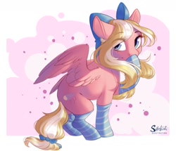 Size: 1279x1100 | Tagged: safe, artist:silentwulv, artist:silentwulv06, oc, oc only, oc:bay breeze, pegasus, pony, bow, clothes, female, hair bow, mare, pegasus oc, socks, solo, striped socks, wings