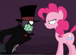 Size: 994x728 | Tagged: safe, derpibooru import, pinkie pie, earth pony, pony, angry, black hat (villainous), cartoon network, crossover, female, growling, hat, male, purple background, simple background, teeth, top hat, villainous