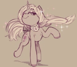 Size: 2039x1775 | Tagged: safe, artist:napalm express, oc, oc only, pony, unicorn, brown background, chest fluff, female, jewelry, lidded eyes, looking at you, mare, monochrome, necklace, simple background, smiling, solo, sparkles, tail bow