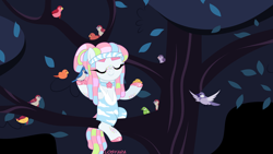 Size: 8486x4774 | Tagged: safe, artist:losyara, oc, oc:calming spring, bird, earth pony, pony, bird seed, choker, clothes, commission, eyes closed, female, freckles, headband, lotus position, mare, meditating, multicolored hair, robe, seeds, solo, tree, unshorn fetlocks, ych result