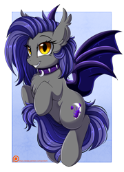 Size: 2143x2975 | Tagged: safe, artist:pridark, oc, oc only, oc:night fire, bat pony, pony, bat pony oc, bat wings, chest fluff, choker, cutie mark, ear tufts, fangs, female, high res, mare, patreon, patreon logo, patreon reward, slit eyes, smiling, solo, wings