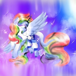 Size: 768x768 | Tagged: safe, artist:_enderjam_, oc, oc only, alicorn, pony, alicorn oc, aurora borealis, flying, horn, multicolored hair, rainbow hair, solo, wings