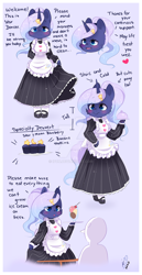 Size: 900x1749 | Tagged: safe, artist:ipun, oc, oc only, oc:star dancer, anthro, unguligrade anthro, unicorn, anthro oc, arm hooves, blushing, chibi, clothes, deviantart watermark, dress, female, food, friendship cafe, hoof hold, ice cream, maid, mare, muffin, obtrusive watermark, shoes, socks, solo, watermark