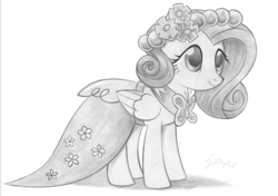 Size: 3451x2424 | Tagged: safe, artist:fladdrarblyg, derpibooru import, fluttershy, pegasus, pony, a canterlot wedding, alternate design, alternate hairstyle, clothes, dress, grayscale, monochrome, simple background, solo, traditional art, white background