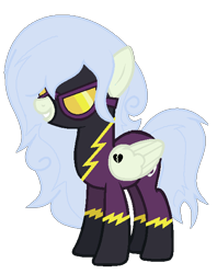 Size: 491x621 | Tagged: safe, artist:rukemon, oc, oc only, oc:silky feathers, pegasus, pony, base used, clothes, commission, costume, female, goggles, grin, icey-verse, magical lesbian spawn, mare, offspring, parent:lily lace, parent:nightshade, parents:nightlace, shadowbolts, shadowbolts costume, simple background, smiling, solo, tattoo, transparent background