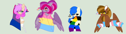 Size: 3004x820 | Tagged: safe, artist:circuspaparazzi5678, oc, oc:coraline, oc:delilah dusk, oc:krispy star, oc:tiffany stars, bat pony, earth pony, pegasus, pony, base used, bisexual, bisexual pride flag, female, male, pansexual, pansexual pride flag, pride, pride flag, pride month, pride ponies, red nose, reindeer pony, straight, straight ally, straight ally flag, transgender, transgender pride flag