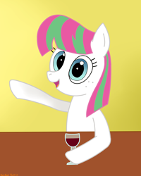 Size: 2612x3268 | Tagged: safe, artist:rainbowšpekgs, blossomforth, pegasus, pony, alcohol, date, glass, looking at you, sitting, table, talking, wine, wine glass