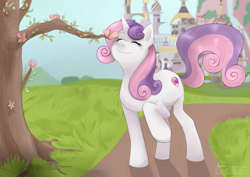 Size: 3510x2490 | Tagged: safe, artist:sugarstarway, sweetie belle, pony, unicorn, canterlot, eyes closed, flower, high res, older, older sweetie belle, smiling, solo, tree