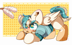 Size: 3200x2000 | Tagged: safe, artist:etoz, oc, oc only, oc:sun light, pegasus, pony, bandana, behaving like a cat, blushing, clothes, commission, cute, female, happy, ocbetes, open mouth, pegasus oc, pet play, pony pet, solo, starry eyes, sweater, wingding eyes, wings, ych result