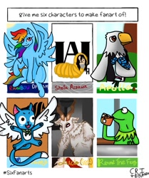 Size: 1005x1200 | Tagged: safe, artist:animeisverycool, derpibooru import, rainbow dash, anthro, goat, pegasus, pony, animal crossing, anthro with ponies, bouquet, clothes, crossover, cup, drinking, fairy tail, flower, kermit the frog, lucio, my hero academia, overwatch, paws, raised hoof, shota aizawa, six fanarts, smiling, underpaw, wings