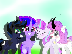 Size: 518x388 | Tagged: artist needed, safe, oc, oc only, alicorn, pony, unicorn, alicorn oc, curved horn, ethereal mane, female, horn, male, mare, one eye closed, raised hoof, side hug, smiling, socks (coat marking), stallion, starry mane, unicorn oc, wings, wink