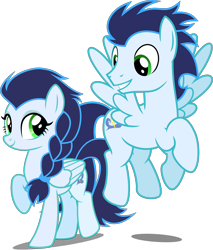 Size: 2350x2764 | Tagged: safe, artist:chainchomp2 edit, artist:whalepornoz, edit, editor:slayerbvc, glide, soarin', pegasus, cute, female, flying, grin, looking down, looking up, male, mare, r63 paradox, raised hoof, rule 63, self ponidox, simple background, smiling, soarinbetes, stallion, transparent background, vector, vector edit