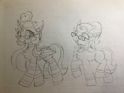 Size: 3264x2448 | Tagged: safe, artist:fireworks sea, derpibooru exclusive, oc, oc only, oc:star orchid, oc:star rose, alicorn, pony, unicorn, alicorn oc, chest fluff, clothes, ear fluff, female, fluffy, glasses, horn, looking at each other, monochrome, photo, siblings, sisters, socks, striped socks, traditional art, walking, wings