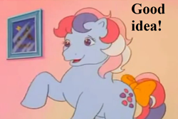 Size: 900x600 | Tagged: safe, edit, edited screencap, screencap, sweet stuff, g1, my little pony 'n friends, sweet stuff and the treasure hunt, bow, cropped, cute, paradise estate, picture, reaction image, speech, sweet sweet stuff, tail bow, talking