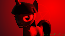 Size: 1920x1080 | Tagged: safe, artist:marianokun, oc, oc only, oc:ada, pony, unicorn, 3d, blood, d'lirium, glowing eyes, happy, horn, one eye closed, pentagram, red background, simple background, solo, source filmmaker, unicorn oc, watermark