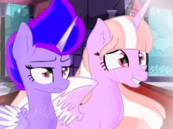 Size: 518x388 | Tagged: artist needed, safe, oc, oc only, alicorn, pony, alicorn oc, bust, duo, freckles, grin, horn, smiling, unamused, wings