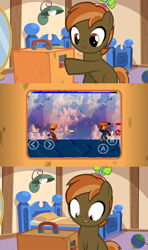 Size: 356x600 | Tagged: safe, button mash, earth pony, pony, brown coat, button's odd game, colt, male, meme, two toned mane