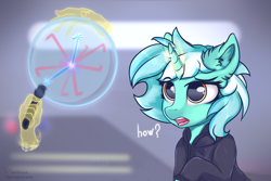 Size: 3000x2000 | Tagged: safe, artist:lakunae, lyra heartstrings, pony, unicorn, arms, arms in the air, clothes, crossover, female, half-life: alyx, hand, hoodie, magic, magic hands, mare, puzzle, question, simple background